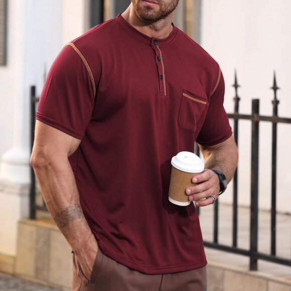 Mens Maroon Short Sleeve Henley T Shirt With Pocket And Stylish Trim Design - Picture 4 of 6